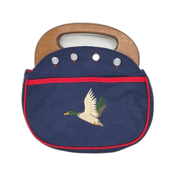 Vintage 80s Navy Mallard Red Corduroy Reversible Wood Handle Bermuda Bag - Picture 1 of 12